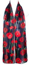 Blue Poppy Scarf Chiffon Satin Remembrance Day Red Flowers Shawl Wrap NEW