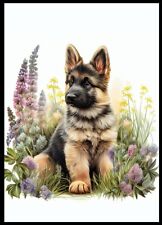 GERMAN SHEPHERD PUPPY FLOWERS DOG GREETINGS NOTE CARD