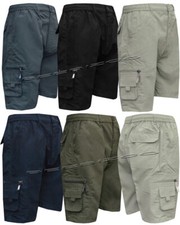 New Mens Elasticated Waist Cargo Combat Plain Shorts 6 Pocket Zip Fly M - 6XL