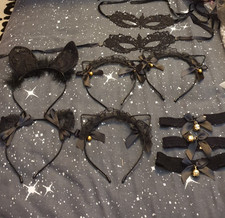 Lot Cat Ears, Lace Masquerade Masks & Bell Chokers Halloween Fancy Dress Costume