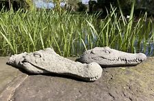 PAIR OF STONE GARDEN CROCODILE / ALLIGATOR HEADS STATUE POND ORNAMENTS