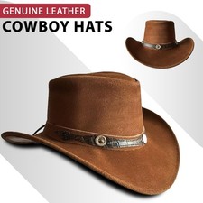 Real Leather Brown Cowboy Hat Men's Brown Western Hat With Adjustable Chinstrap