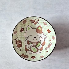 Japanese White Rice Bowl Waving Lucky Cat Green And Brown Design 9oz 270ml VGC