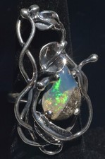 SHINNING NATURAL FIRE OPAL 925 SILVER LILIES RING Sz 7 MEXICAN TAXCO JEWELRY