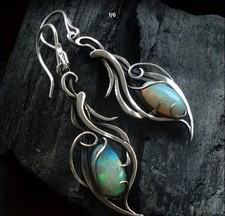 Pair Vintage Boho Elegant Silvery Dangle Earrings Synthetic Opal & Copper Hooks