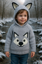 Knitting Pattern Easy Chunky Hooded Wolf Motif Sweater Boys Girls Animal Jumper