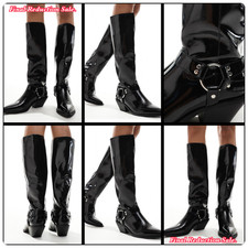SALE WOMENS BLACK SIZES 4-7 SILVER BUCKLE/HARNESS CUBAN HEEL WESTERN KNEE BOOTS