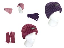 Ladies Hat Glove Set Thick woolly Beanie Hat and Matching Gloves Pink, Plum Rasp