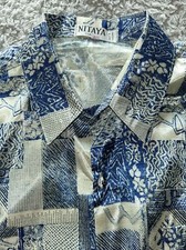 Nitaya Thai Silk Shirt Blue Mix Short Sleeve Retro Vibes Summer Holiday Large