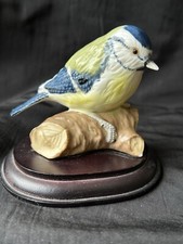 Blue Tit On The Tree Branch Wooden Base figurine porcelain/bone china Vintage