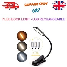 7 LED Book Light - USB Rechargeable, 3-Level Adjustable Clip-on Reading Lamp