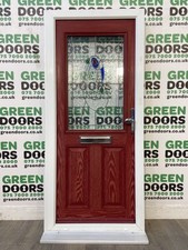 RED COMPOSITE FRONT DOOR LEADEDL DECORATIVE GLASS DOUBLE GLAZED HALF PANEL USED