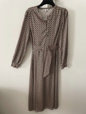 WAREHOUSE Beige / Navy   Band Collar Geometric Print Midi Shirt Dress Size 10