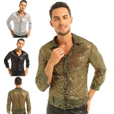 UK Men's Sequined Party Dance Shirts Retro 70's Disco Nightclub Shirt Top