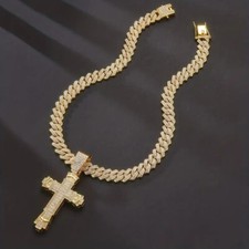 Men's Bling Gold Cuban Chain Cross Crucifix Pendant Necklace With CZ Gemstone