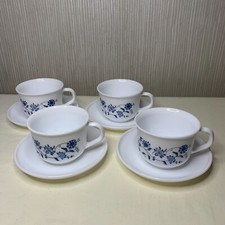 Vintage Arcopal Cups & Saucers White Blue Onion x 4