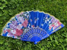 Blue Floral Satin Effect Hand Fan Summer Cooling Handbag Foldable Fan Free P&P