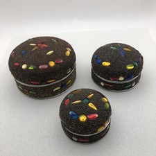 Set Of 3 Trinket Boxes Graduated Pill Jewellery Glass Gems Decorative Tin Gift