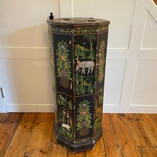 Vintage Indian Hand Painted Wooden Chest Folk Art Octagonal Animal Theme Black