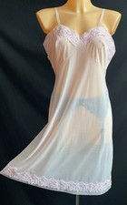 M&S Vintage Full Slip Petticoat Pink Ultra Sheer Nylon Embroidered, UK 14-16