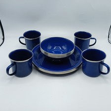 Enamel Wear Tin 12 Piece Blue Camping Set 4 Cups 4 Plates 4 Bowls