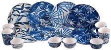 Melamine Plastic Dining Set - Plate Cups Bowl - Blue Tropical Leaf - 16 Piece