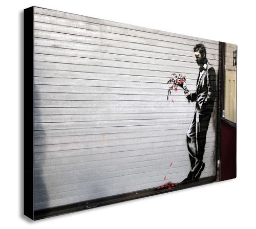 Banksy man with flowers - man,