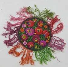 Vintage Hungarian Matyo Floral Silk Hand Embroidered Fringed Tablemate 20x20cm