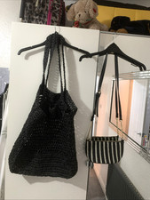 Primark Black 17 x 17in & Black/White 9 x 5in Straw Beach & Cross Body Bag BNWT