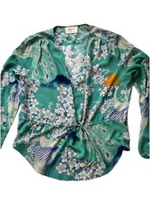 Pyrus London Jade Green Peacock Cherry Blossom Drawstring Waist Blouse M 14