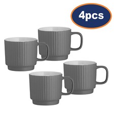 Coffee Mug Set 355ml Grey Ceramic Embossed Ribbed Cup Tea Hot Drinking Mugs 4pcs
