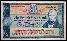 THE BRITISH LINEN BANK, 20 OCTOBER 1962, A. ANDERSON, £5 POUNDS.              2X