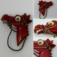 Bakelite Carved Horse Mule Donkey Brooch Pin VTG Googly Eye w/ Bridle **BROKEN**
