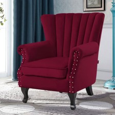 Velvet/Fabric Armchair Oyster Wing Back Occasional Accent Chair Studded Wood Leg