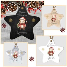 Personalised Christmas Bear Star Ornament Gift - Cute Holiday Tree Decoration