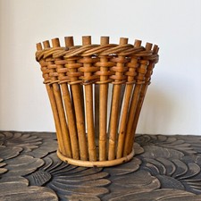 Vintage 1970s bamboo wicker rattan plant pot, retro bamboo wicker indoor planter