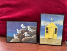 Vintage Martin Wiscombe wooden pictur x 2 Seagulls On Rock & Seagullon beach hut