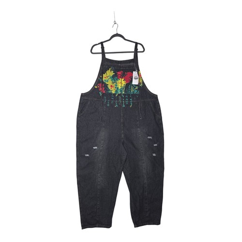 Black denim baggy overalls - denim,