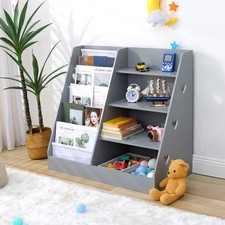 4-Tier Kids Wooden Bookshelf,5 Layer Sling Bookcase,Baby Storage Book Rack Grey