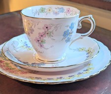 Vintage Hand Painted  TUSCAN Baby Pink Floral Trio Teacup & Saucer & Plate Set