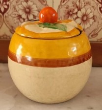 VERY NICE HAND PAINTED ART DECO MARMALADE POT WITH A FRUIT ORANGE LID C1930s