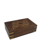 Hand Carved Wooden Jewellery Trinket Box with Brass Inlay Vintage Keepsake Stora