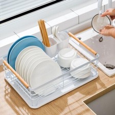 White or Black Kitchen Dish Drainer Rack with Plastic Drip Tray Cutlery Holder