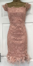 Lipsy Feather Hem Nude Dusky Pink Lace Dress Size 16 Party Occasion Wedding
