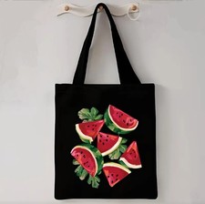 Black Watermelon Print Tote Bag Gift Reusable Washable Summer Vibes Cotton Feel