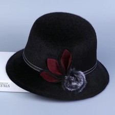 Ladies Hat Fedora Wide Brim Floral Adjustable Band Wool Felt Trilby Bowler Cap
