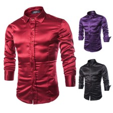 Silk Shiny shirt Glossy Casual Men's Solid Long Sleeve fit fashion gentlemen