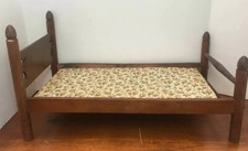 ANTIQUE WOODEN HAND MADE FOUR POSTER DOLL BABY SIZED BED WITH FLOWERED PAD