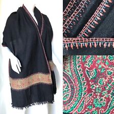 Vintage Black Kashmiri Sozni Shawl Pure Wool Hand Embroidered Paisley Wrap OOAK