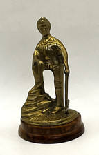 Vintage Brass Coal Miner With Lamp & Pick Ornament 7” Tall On Wooden Plinth